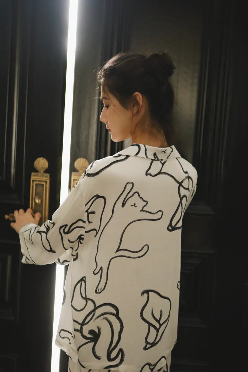 Silky Abstract Cat Sketch Cotton Sateen Pajama Set
