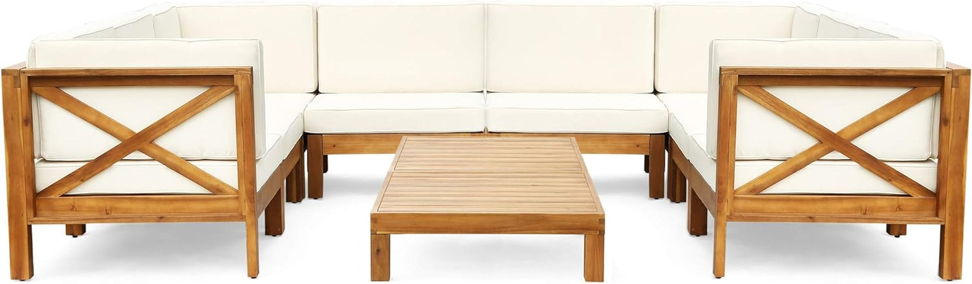 Great Deal Furniture Keith Outdoor Acacia Wood 8 Seater U-Shaped Sectional Sofa Set with Coffee Table, Teak and Beige Lawn & Garden Patio Patio Furniture & Accessories Patio Seating Sofas