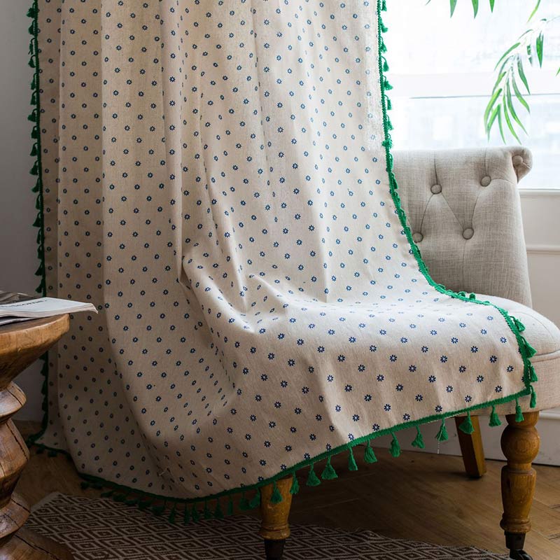 Blue Daisy Green Cotton Curtain
