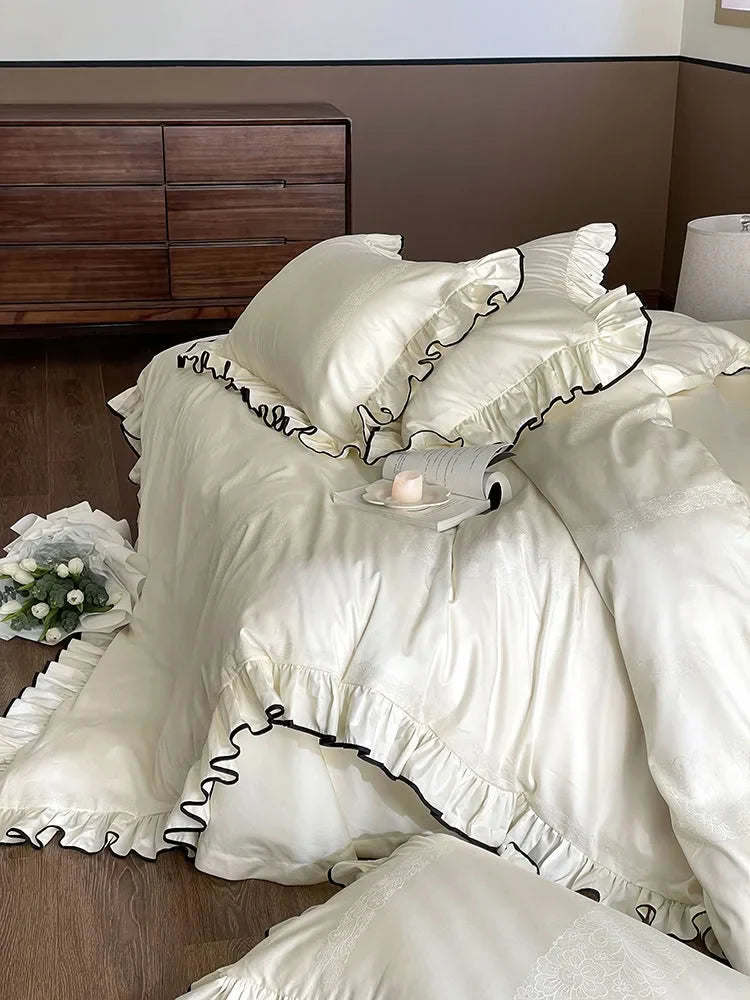 Silky Ruffled Jacquard Tencel Bedding Set with Contrast Trim