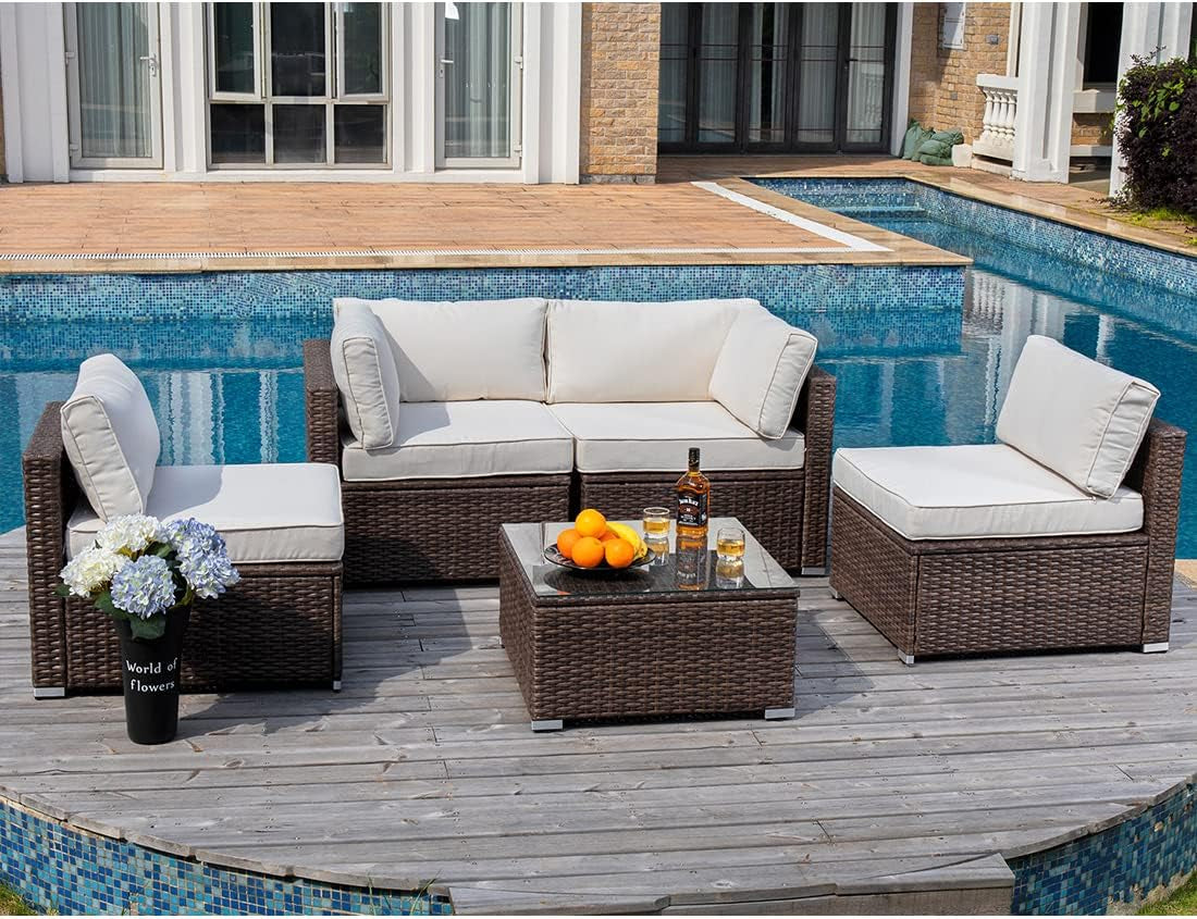 COSIEST 6-Piece Outdoor Furniture Set Brown Wicker Sectional Sofa W Thick off White Cushions, Glass Coffee Table, 2 Ottomans for Garden, Pool, Backyard Conversation Sets Lawn & Garden Patio Patio Furniture & Accessories Patio Furniture Sets