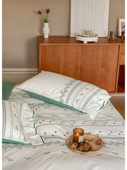 Ruffled Floral Vine Embroidered Cotton Bedding Set