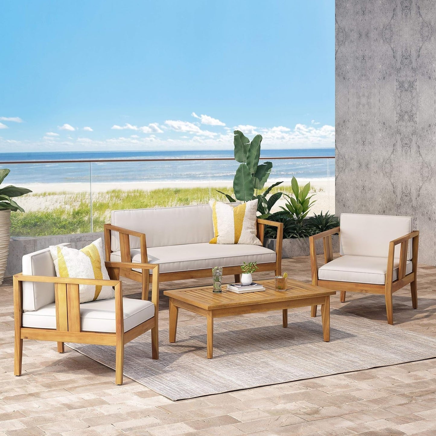 Christopher Knight Home Beatrice Outdoor 4 Seater Acacia Wood Chat Set, Teak and Beige Conversation Sets Lawn & Garden Patio Patio Furniture & Accessories Patio Furniture Sets