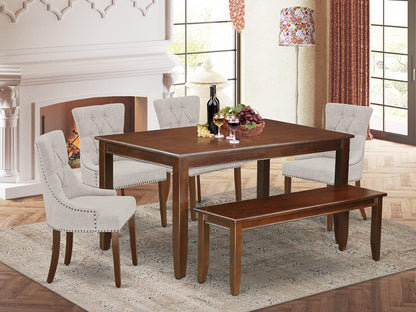 East West Furniture DUFR5-MAH-05 5-Pc Wooden Dining Table Set - Parson Dining Chairs with Doeskin Linen Fabric Seat and Button-Tufted Back - a Rectangular Dining Room Table (Mahogany Finish) Dining Room Furniture Furniture Home & Kitchen Table & Chair Sets