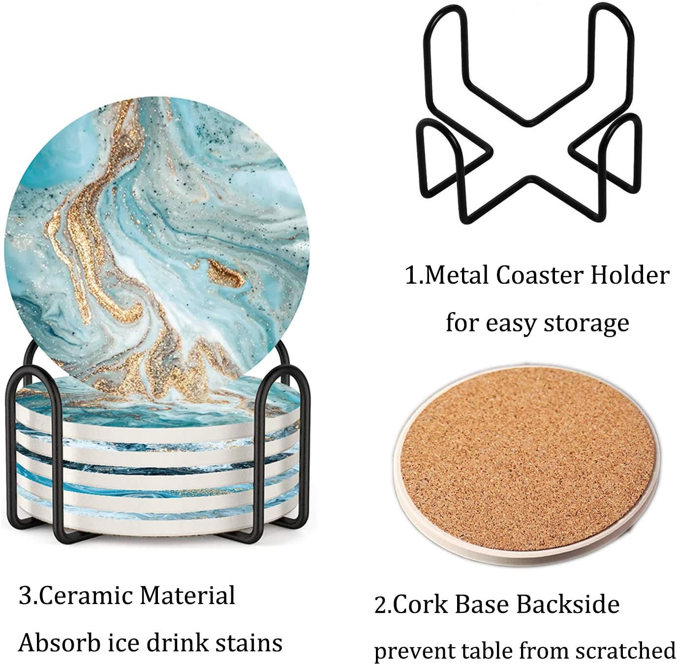 Coasters for Drinks with Holder Set of 6,Marble Blue Ocean Style Absorbent Ceramic Coasters with Cork Base,No Scratched and Soiled Bar Tools Bar Tools & Drinkware Coasters Dining & Entertaining Home & Kitchen Kitchen & Dining