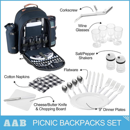 Picnic Backpack for 4 Person Set Portable Picnic Bag with Cooler Compartment, Detachable Bottle/Wine Holder, Fleece Blanket, Plates and Cutlery, Gifts for Family Camping (Navy Blue) Lawn & Garden Patio Patio Furniture & Accessories Picnic Backpacks Picnic Baskets Tables & Accessories