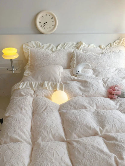 Plush Ruffled Embossed Bow Flannel Fleece Bedding Set