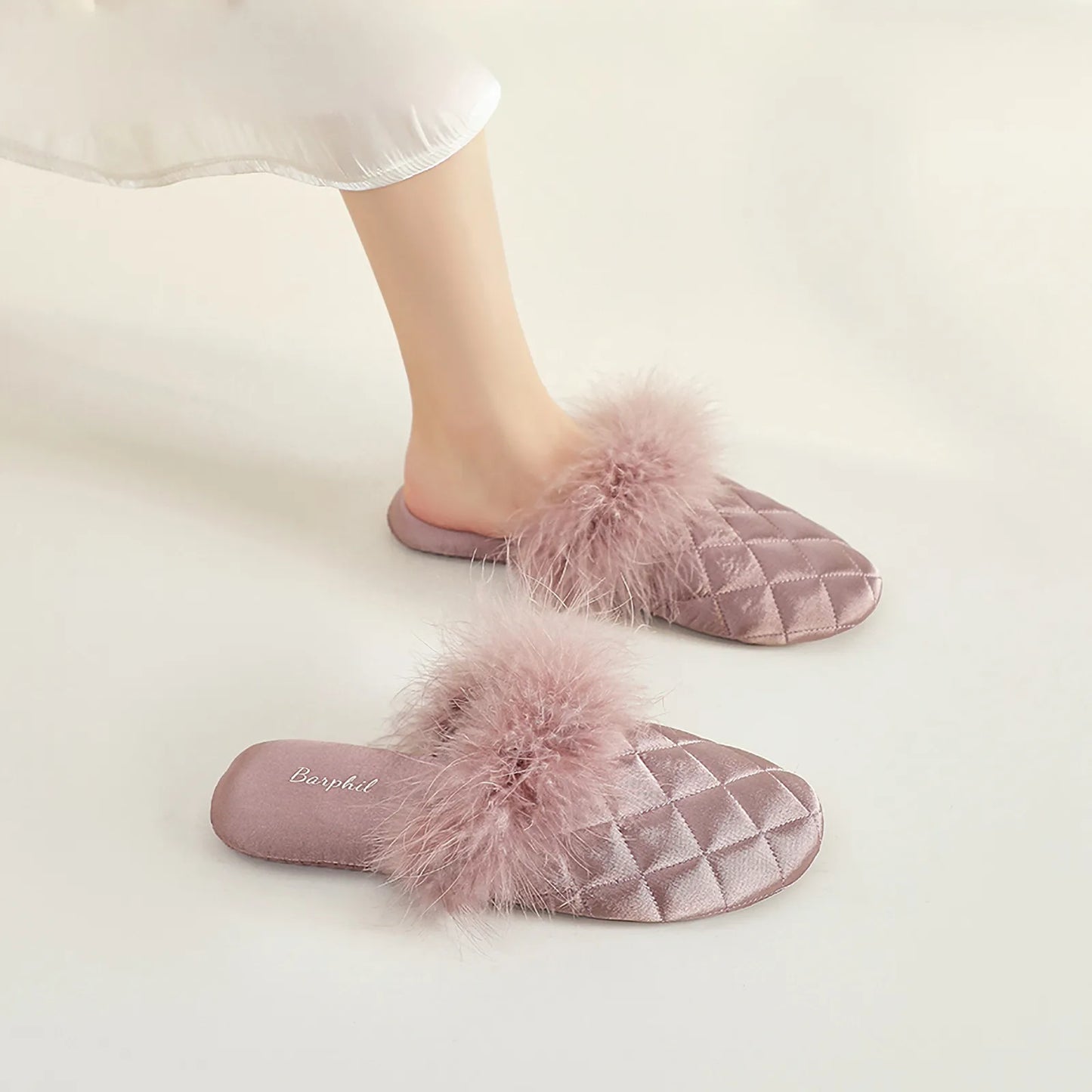 Plush Feathery Quilted Satin House Slippers