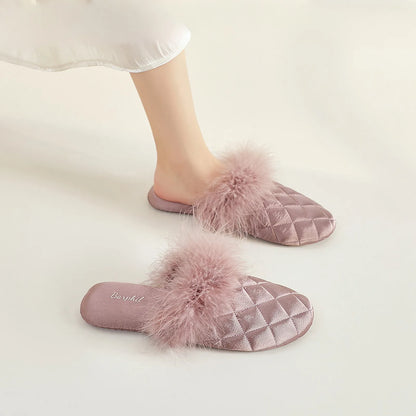 Plush Feathery Quilted Satin House Slippers