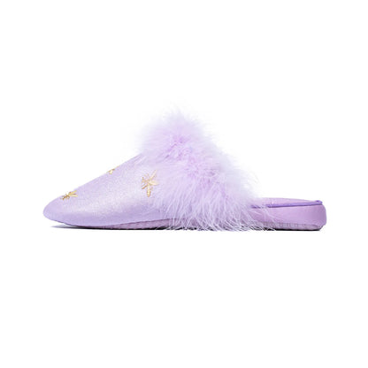 Fluffy Embroidered Bee Satin House Slippers