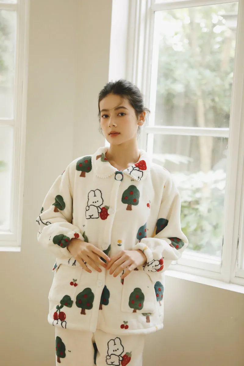 Plush Bunny & Strawberry Flannel Fleece Pajama Set