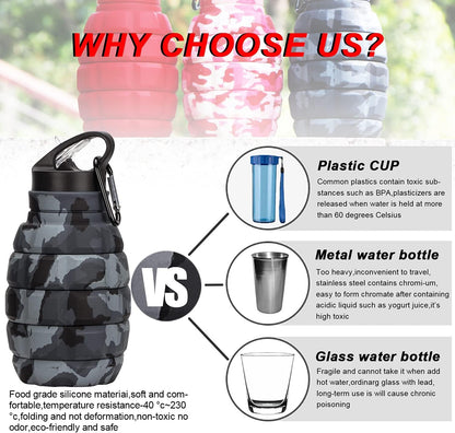 Collapsible Travel Water Bottle18Oz, Reuseable Silicone Foldable Water Bottles for Gym Camping Hiking, Portable Leak Proof Sports Water Bottle with Carabiner (Dark Gray Camouflage Cup) Sports & Outdoor Recreation Accessories Sports & Outdoors Sports Water Bottles