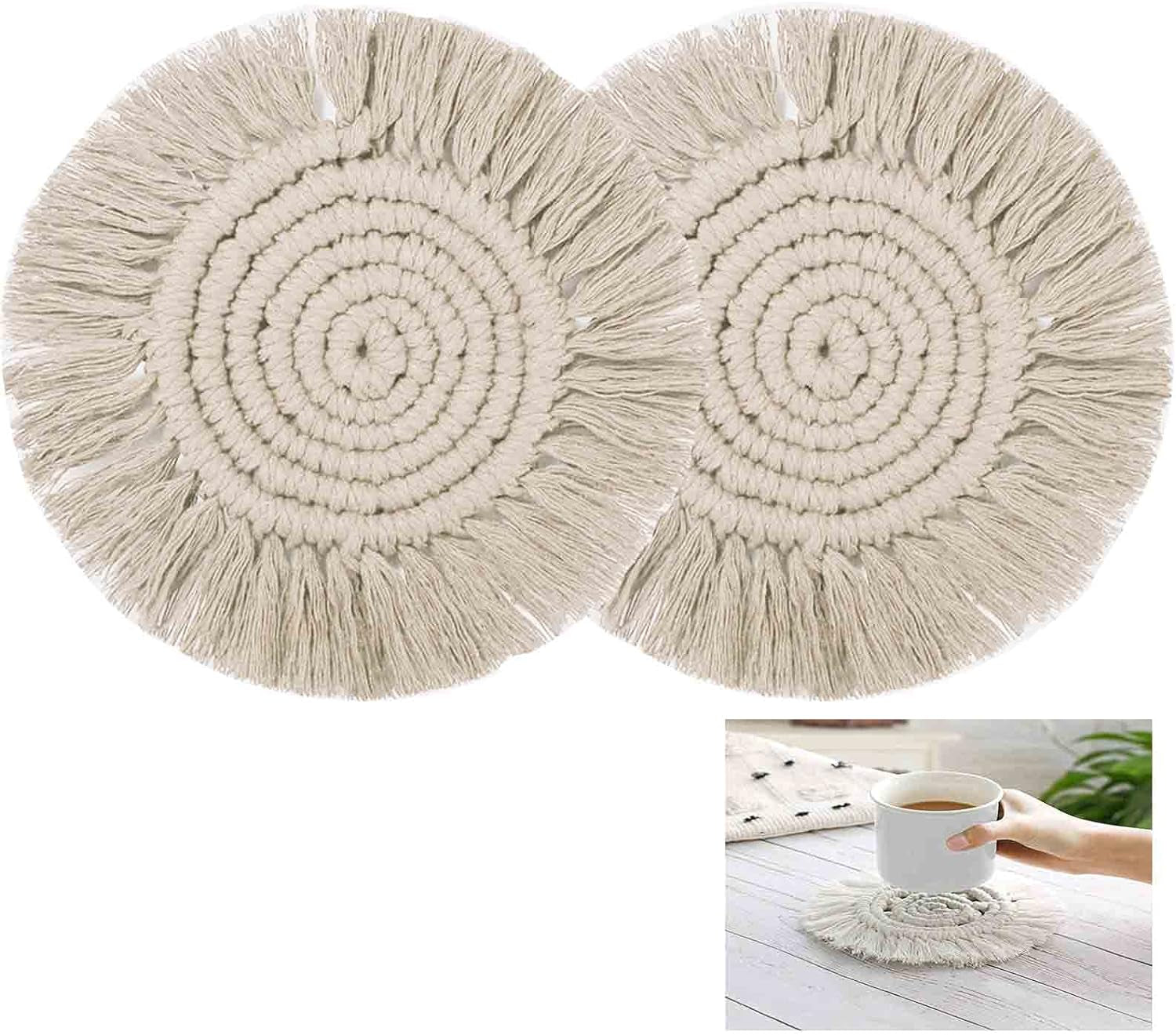 Coasters for Drinks Boho Coasters Cute Macrame Coasters Absorbent Cup Coasters for Wooden Table Desk Home Decor Housewarming Gift, 2 Set (BEGIE) Bar Tools Bar Tools & Drinkware Coasters Dining & Entertaining Home & Kitchen Kitchen & Dining