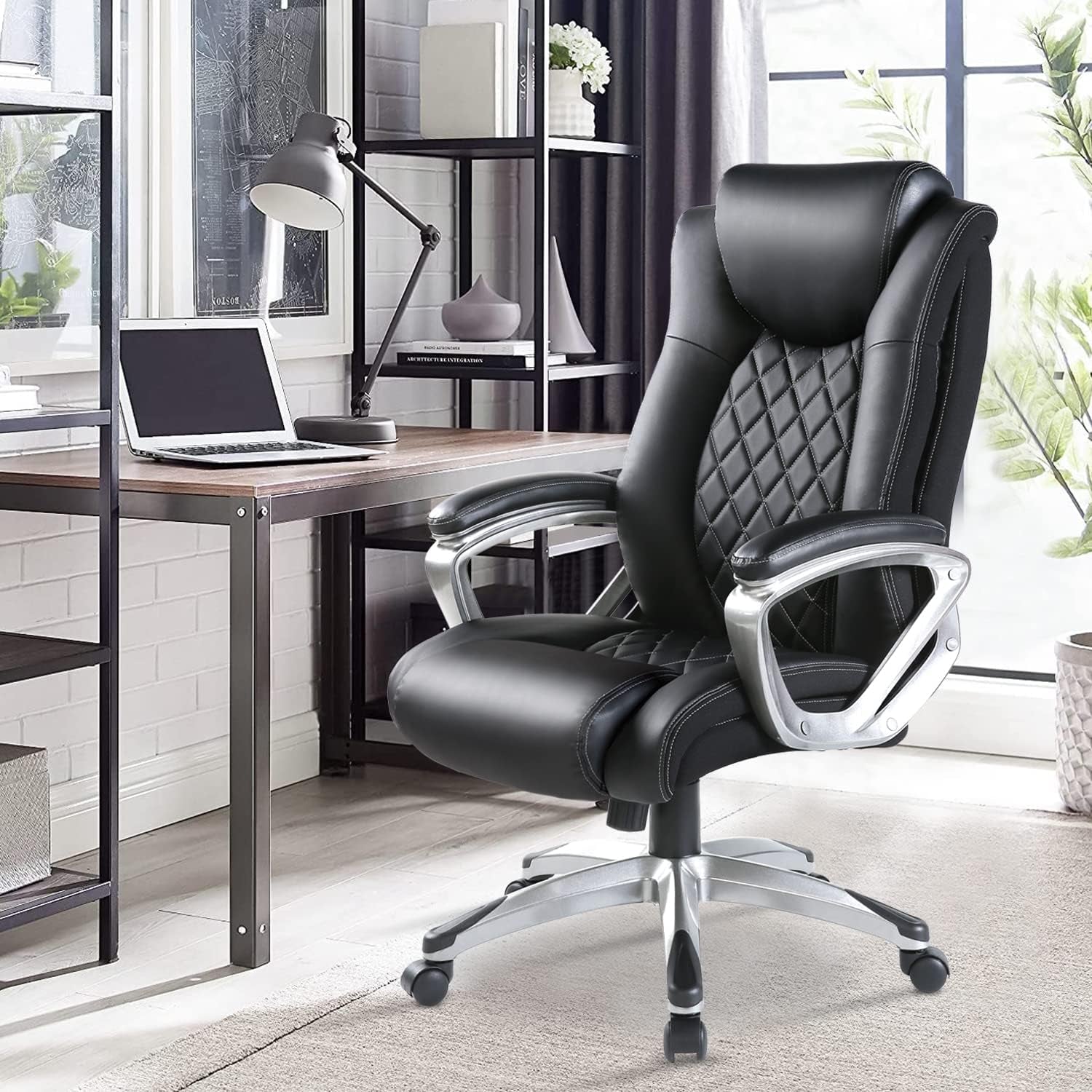 High Back Executive Office Chair 300Lbs - Adjustable Built-In Lumbar Support, Ergonomic Leather Computer Desk Chair with Padded Armrest Swivel Chair for Home and Office (Black) Chairs & Sofas Managerial & Executive Chairs Office Furniture & Lighting Office Products