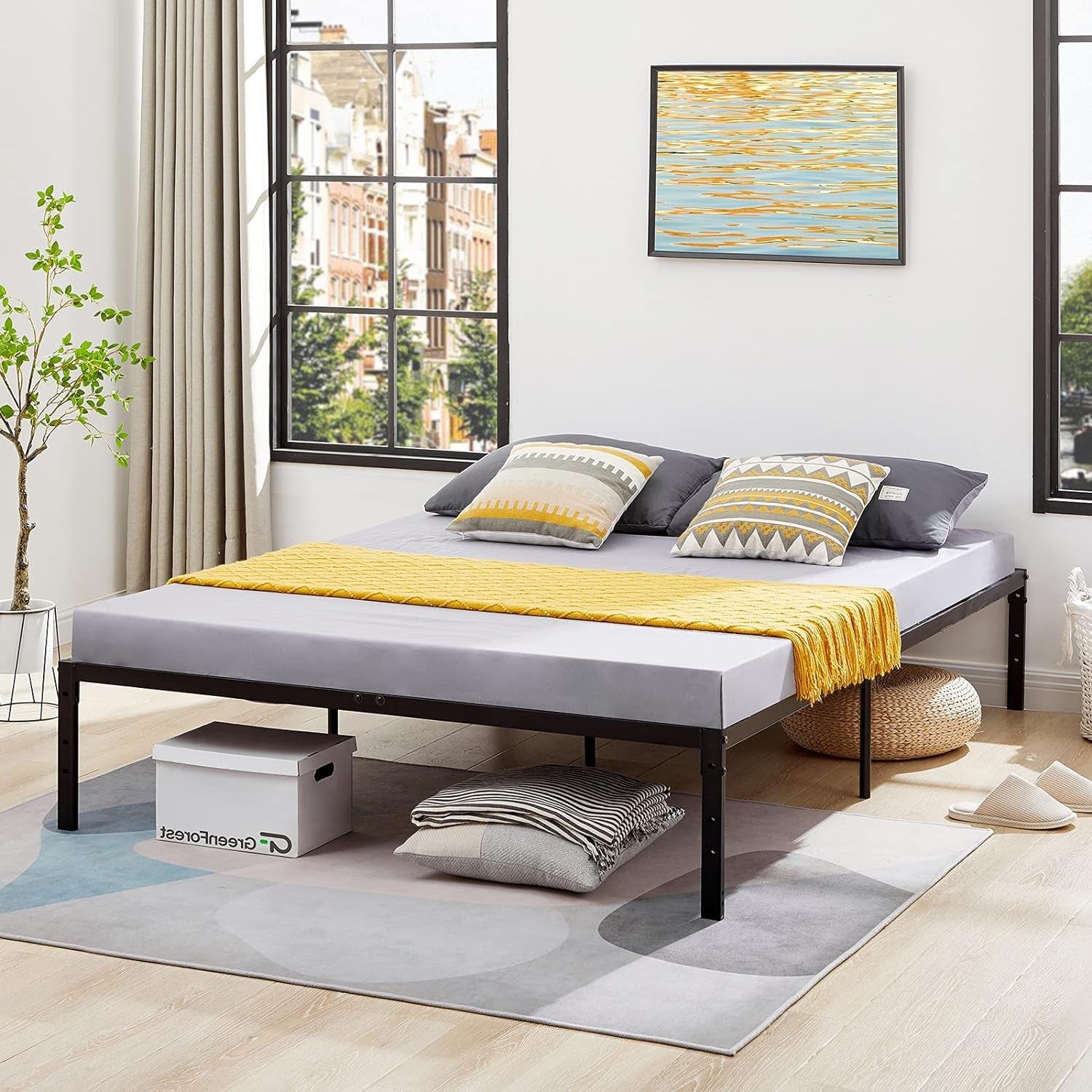 Greenforest Furniturer Bed Frame Queen Size Metal Platform 14 Inch Bed No Box Spring Needed, Heavy Duty Sturdy Bed with Mattress Foundation, Black Bed Frames Bedroom Furniture Beds Frames & Bases Furniture Home & Kitchen