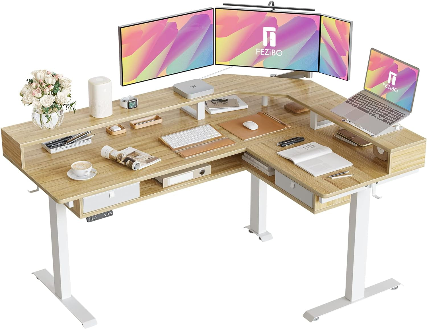 FEZIBO Triple Motor 63" L Shaped Standing Desk with 3 Drawers, Electric Standing Gaming Desk Adjustable Height, Corner Stand up Desk with Splice Board, White Frame/White Top Furniture Home & Kitchen Home Office Desks Home Office Furniture