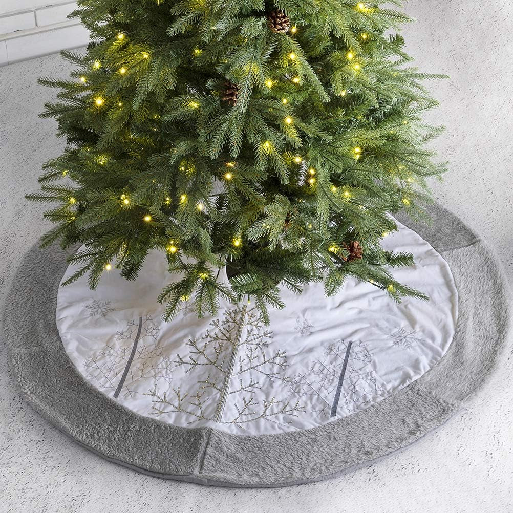 Glitzhome 48" D White Fleece Christmas Tree Skirt with Grey Edge,Large round Embroidered Tree Mat Cover Ornaments for Holiday Christmas Party Decorations Home & Kitchen Seasonal Décor Tree Skirts