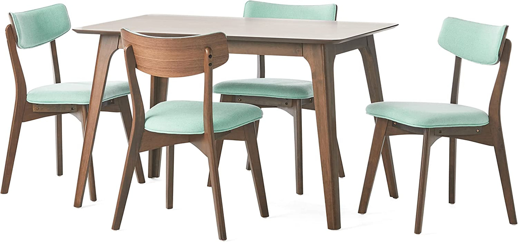 Christopher Knight Home Megann Mid-Century Wood Dining Set with Fabric Chairs, 5-Pcs Set, Natural Walnut / Mint Dining Room Furniture Furniture Home & Kitchen Table & Chair Sets