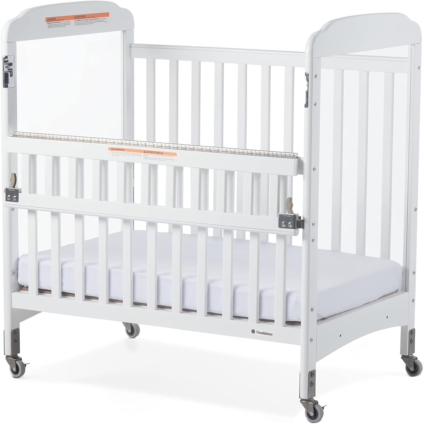 Foundations Serenity Safereach Crib with Adjustable Mattress Board, Compact Wooden Baby Crib with Commercial Grade Casters, Clear End Panels for Child Visibility, Includes 3” Foam Mattress (White) Baby Products Cribs Furniture Infant & Toddler Beds Nursery