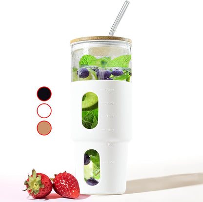 32Oz Drinking Glass Tumbler with Bamboo Lid and Straw - Silicone Sleeve - Fits Car Cup Holder - Reusable Boba Smoothie Cup, Spill Proof Travel Water Bottle, Iced Coffee Tumbler, BPA Free - Amber. Dining & Entertaining Glassware & Drinkware Home & Kitchen Kitchen & Dining Tumblers & Water Glasses