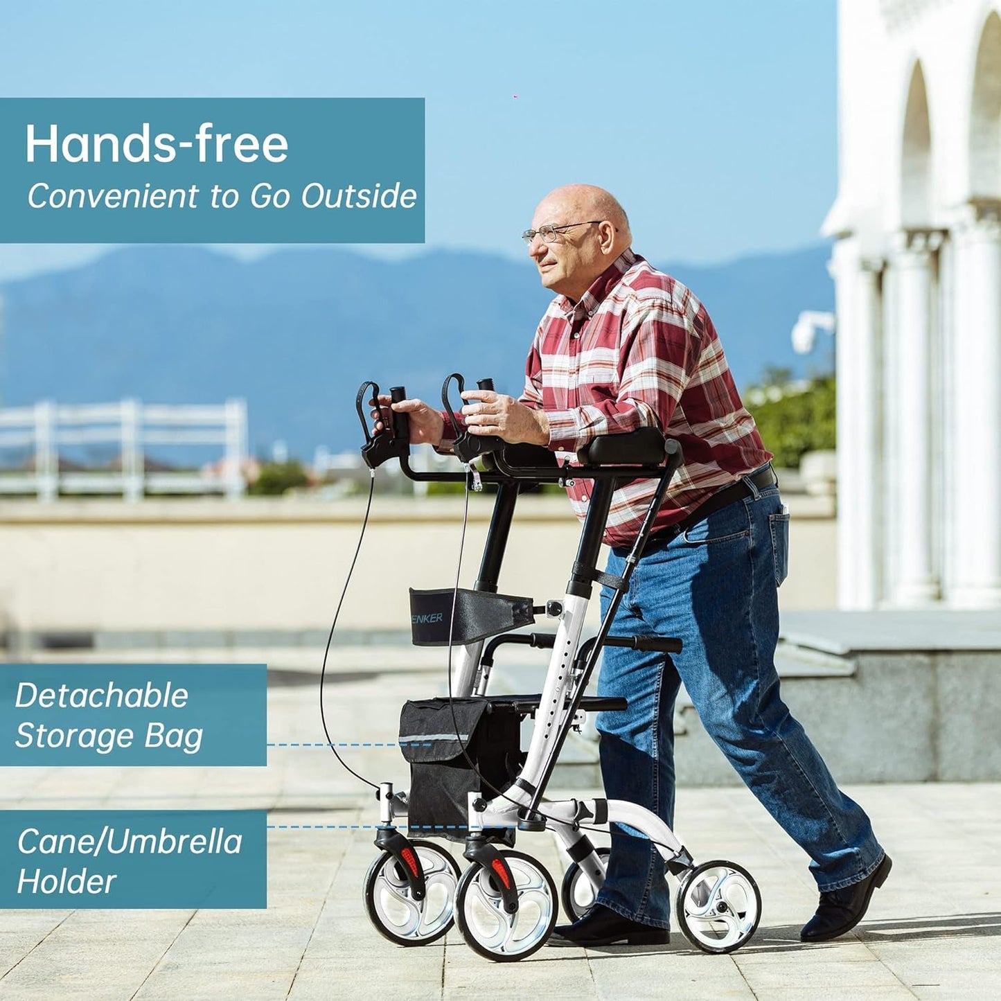 ELENKER Upright Walker, Stand up Folding Rollator Walker Back Erect Rolling Mobility Walking Aid with Seat, Padded Armrests for Seniors and Adults, White Medical Supplies & Equipment Mobility & Daily Living Aids Mobility Aids & Equipment Rollators & Accessories Rolling Walkers Walkers