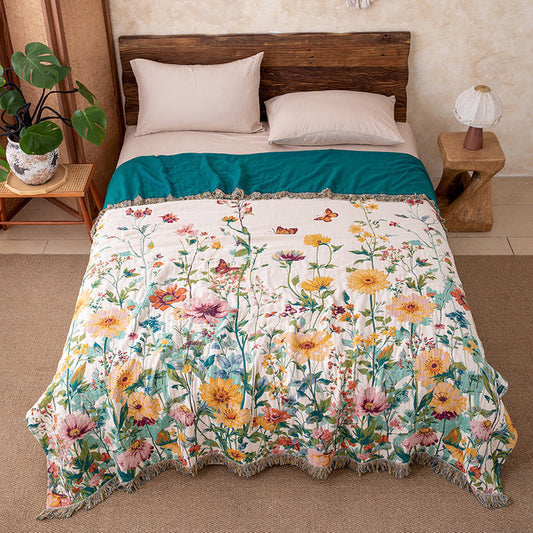 Watercolor Wildflower Fringed Reversible Gauze Quilt