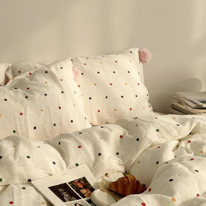 Soft Polka Dot Cotton Bedding Set with Pom Poms