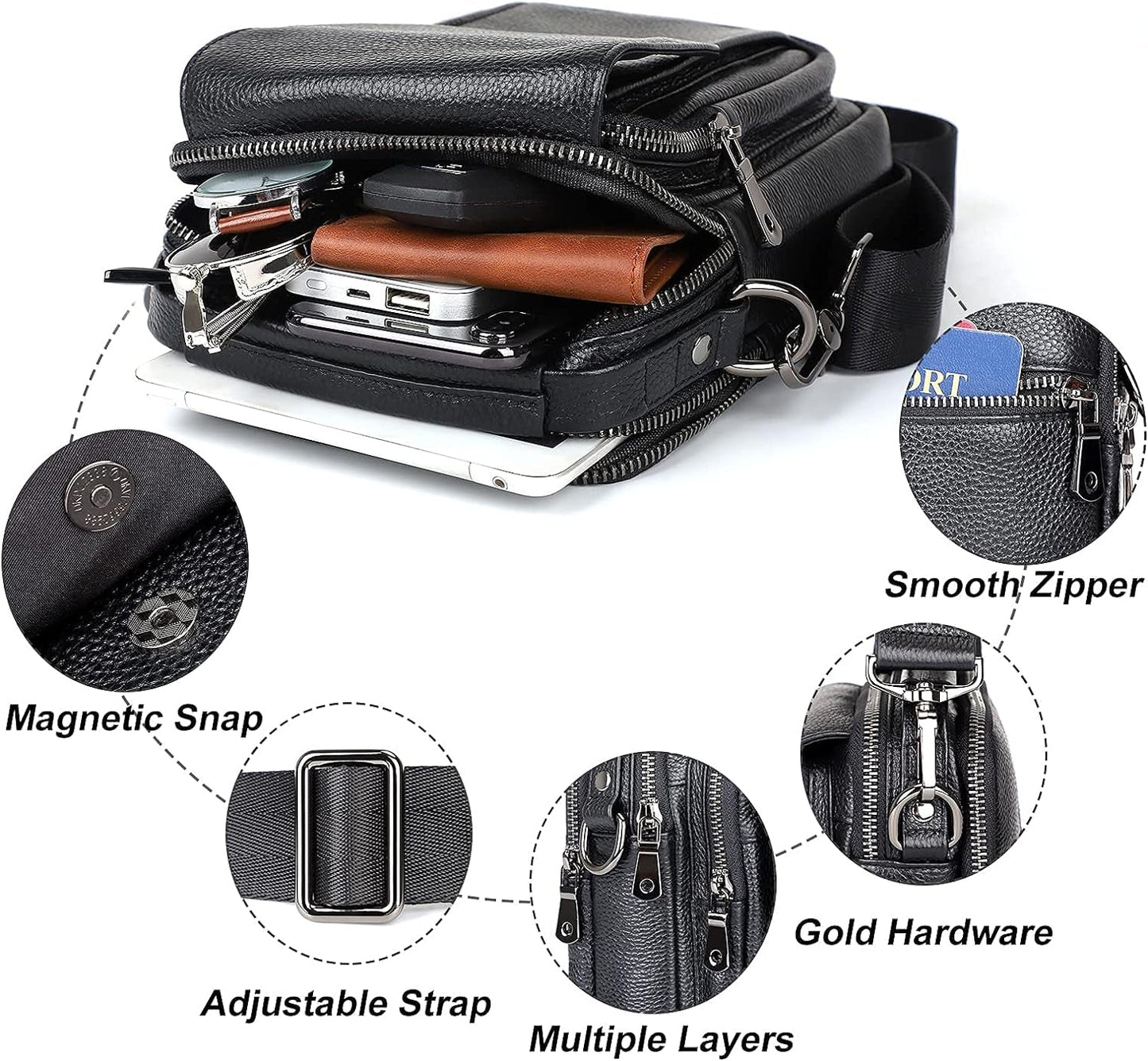 Leather Small Messenger Bag for Men Crossbody Handbag Shoulder Sling Travel Bags for Men Purse Daypack Magnetic Buckle Clothing Luggage & Travel Gear Messenger Bags Shoes & Jewelry