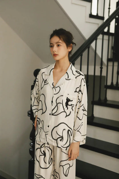 Silky Abstract Cat Sketch Cotton Sateen Pajama Set