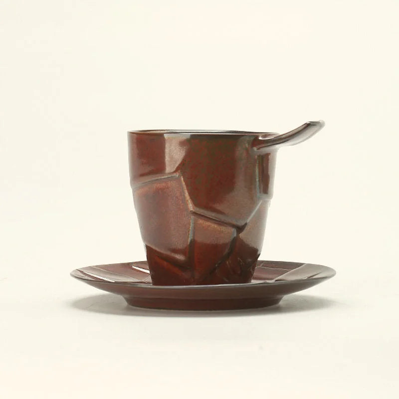 Textured Geometric Ceramic Coffee Cup & Saucer Set