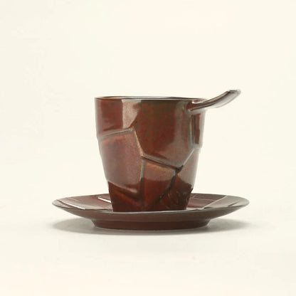 Textured Geometric Ceramic Coffee Cup & Saucer Set