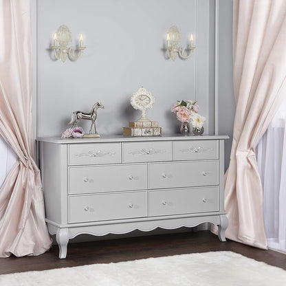 Evolur Aurora 7 Drawer Double Dresser, Akoya Grey Pearl/Silver Mist & Aurora 6 Drawer Tall Chest in Akoya Grey Pearl/Silver Mist Bedroom Furniture Dressers Furniture Home & Kitchen