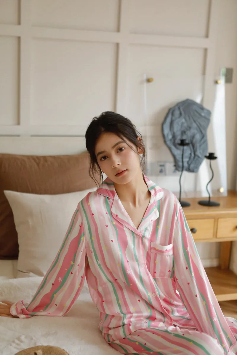 Silky Wavy Striped & Heart Print Cotton Sateen Pajama