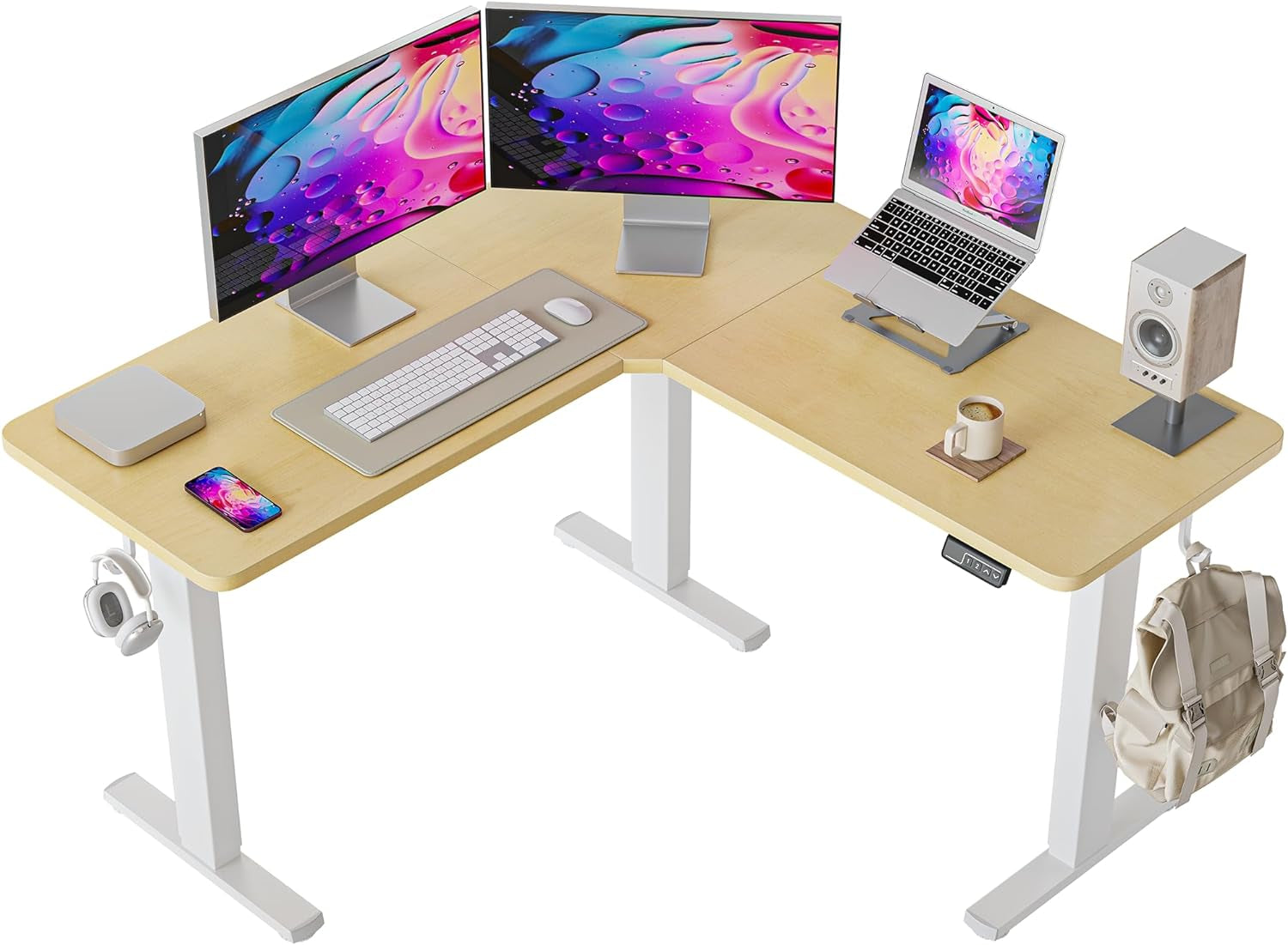 FEZIBO Triple Motor 63" L Shaped Standing Desk with 3 Drawers, Electric Standing Gaming Desk Adjustable Height, Corner Stand up Desk with Splice Board, White Frame/White Top Furniture Home & Kitchen Home Office Desks Home Office Furniture