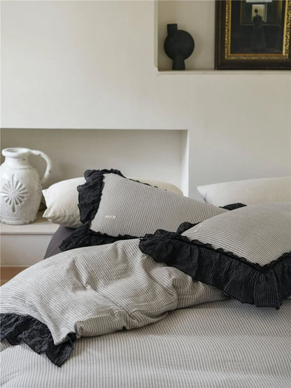 Ruffle Trim Pinstripe Washed Cotton Bedding Set