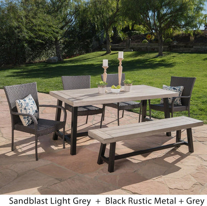 Christopher Knight Home Cooper Outdoor Stacking Wicker Dining Set with Acacia Wood Table and Bench, 6-Pcs Set, Sandblast Light Grey / Black Rustic Metal / Grey Dining Sets Lawn & Garden Patio Patio Furniture & Accessories Patio Furniture Sets