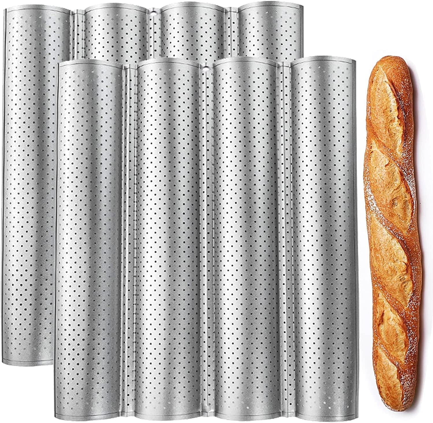 Fasmov 2 Pack Baguette Pan, 15" X 13"French Bread Baking Pan Nonstick Perforated Baguette Pan 4 Wave Loaves Loaf Bake Mold Toast Cooking Bakers Molding, Silver Bakeware Bread & Loaf Pans French Bread & Baguette Pans Home & Kitchen Kitchen & Dining