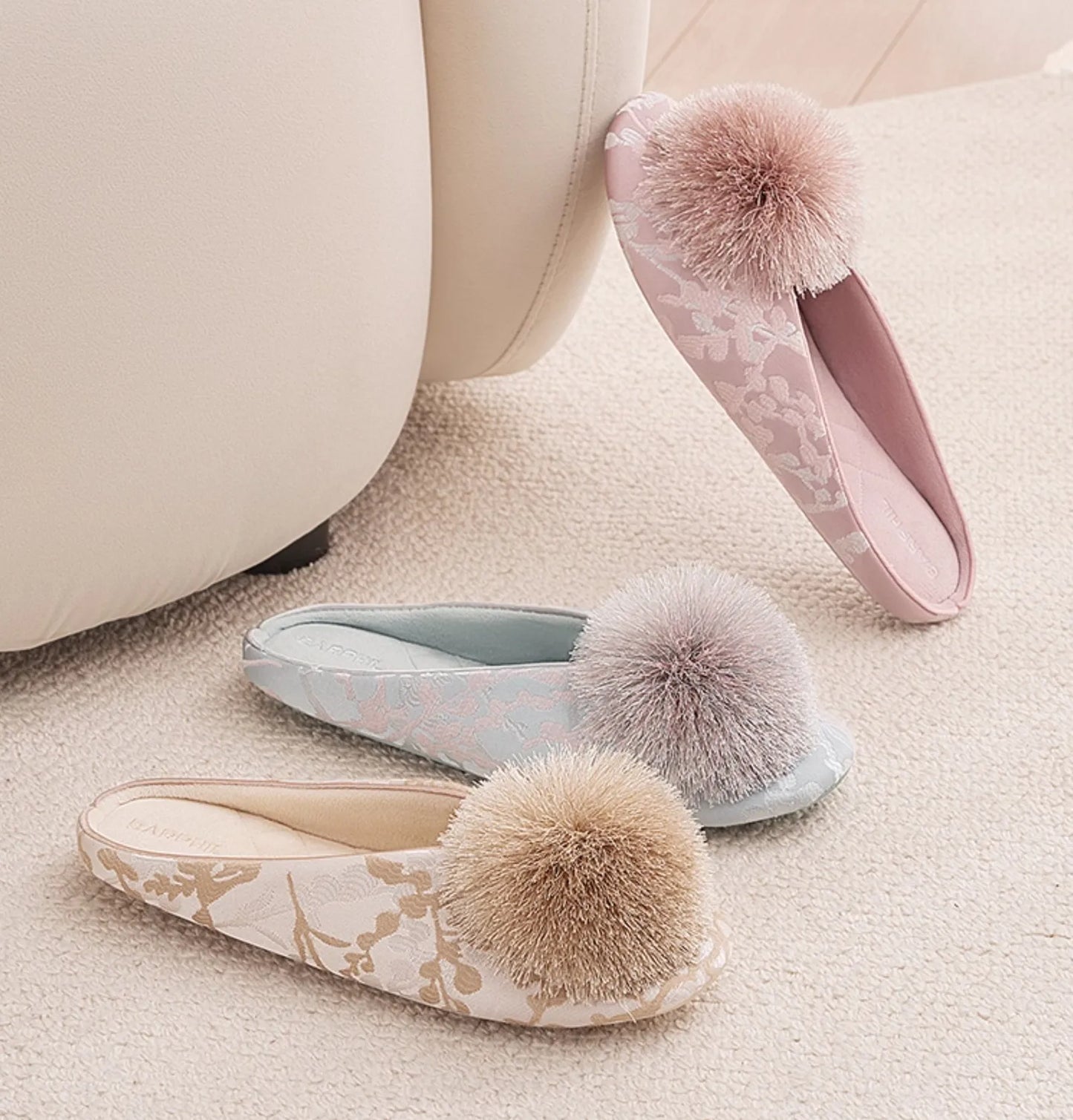 Fluffy Floral Jacquard Cotton Sateen House Slippers