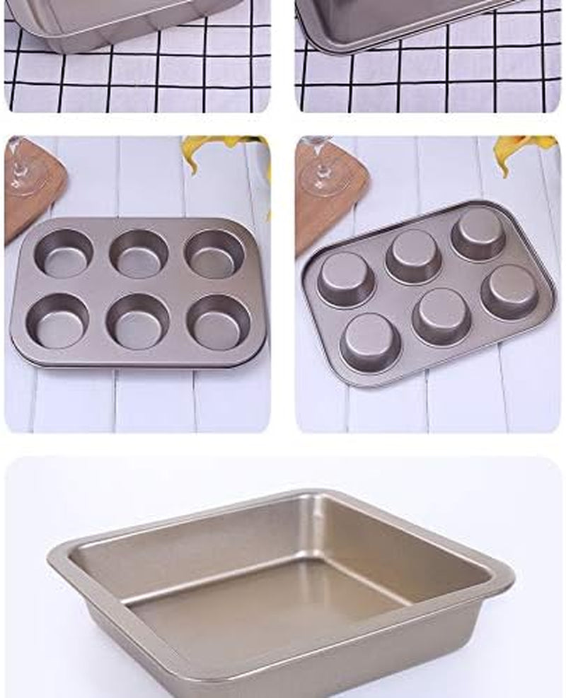 Gold Nonstick Bakeware Set, 5 Pcs Bakeware Include 8-Inch Pizza Pan， 8-Inch Live Bottom Cake Mold， 6 Consecutive Cups， 9-Inch Square Plate， 25X13Cm Toast Box Bakeware Bakeware Sets Home & Kitchen Kitchen & Dining