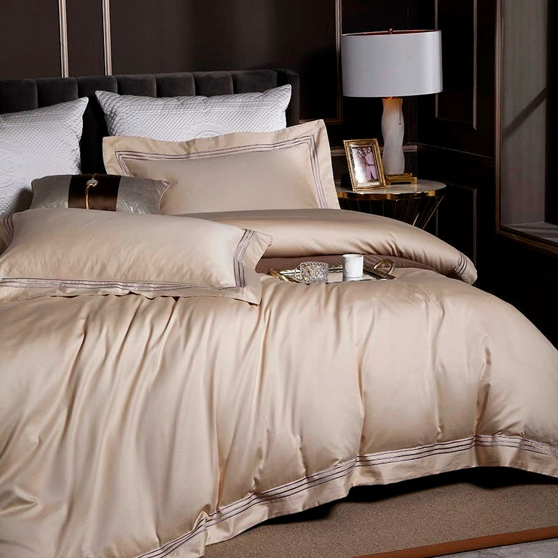 Leila Kilim Beige Embroidered Edge Egyptian Cotton Bedding Set