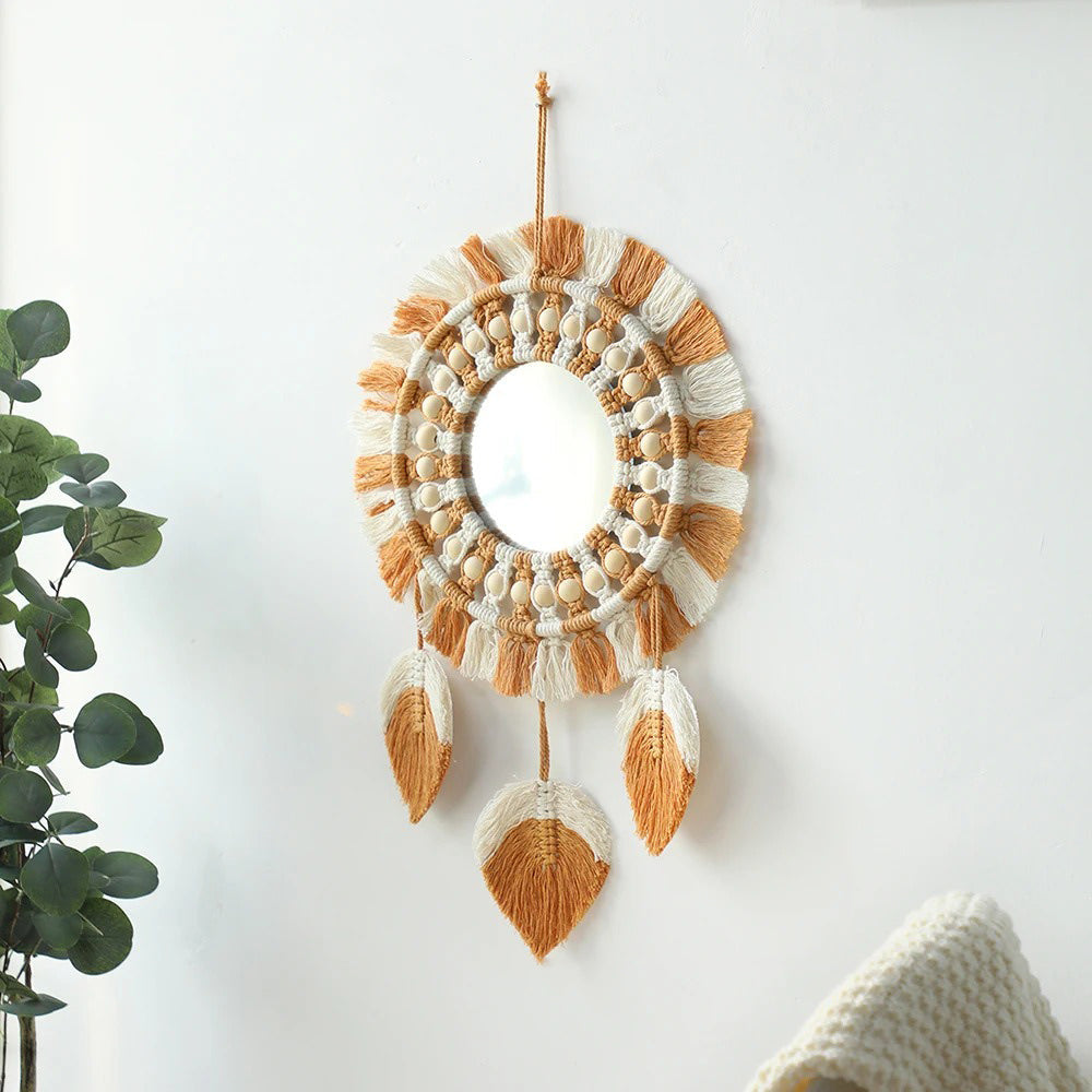 Brown & Beige Macrame Fringe Wall Mirror AESTHETIC_Boho SUB CATEGORY_Mirrors SUB CATEGORY_Wall Decor