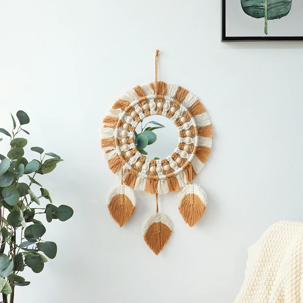 Brown & Beige Macrame Fringe Wall Mirror AESTHETIC_Boho SUB CATEGORY_Mirrors SUB CATEGORY_Wall Decor