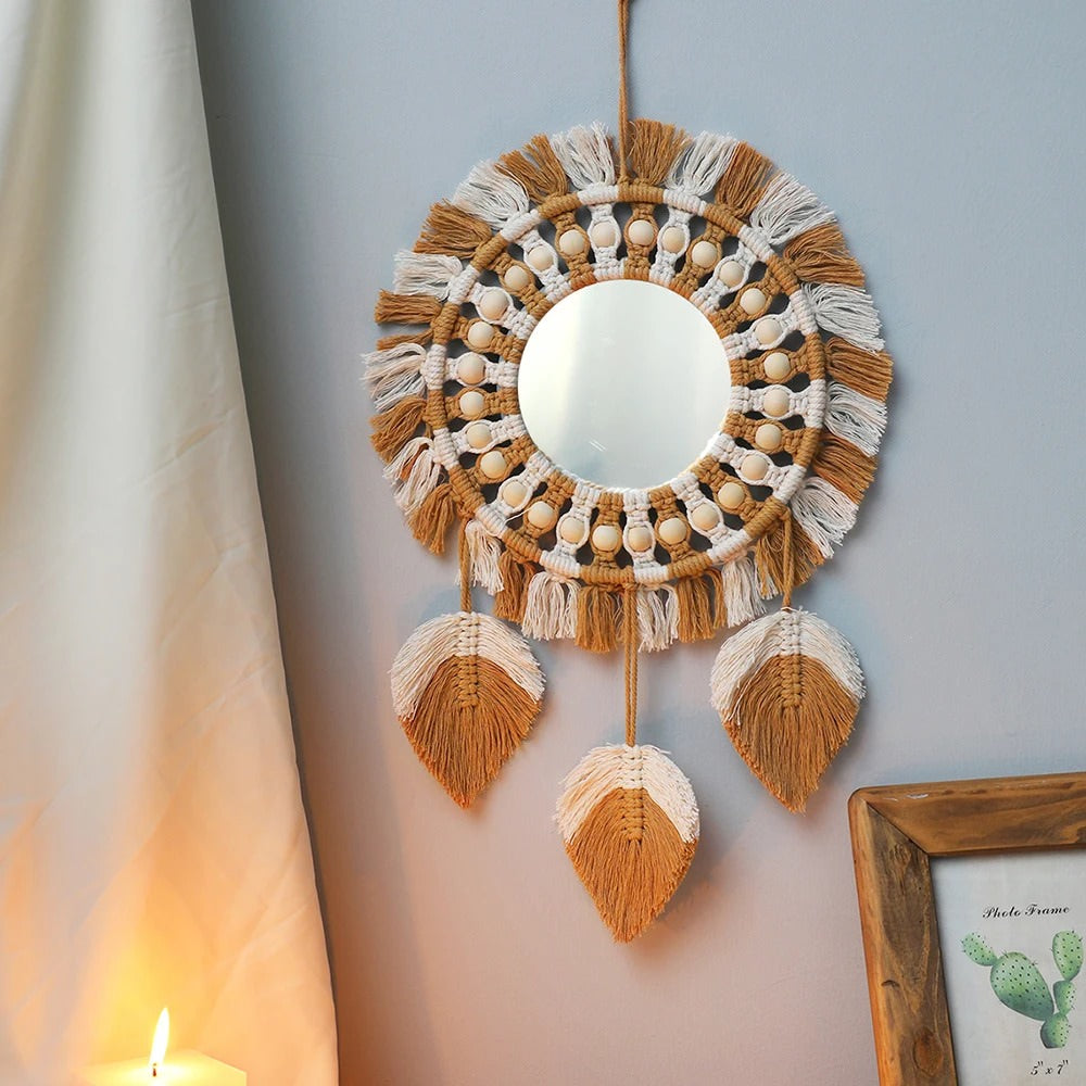 Brown & Beige Macrame Fringe Wall Mirror AESTHETIC_Boho SUB CATEGORY_Mirrors SUB CATEGORY_Wall Decor