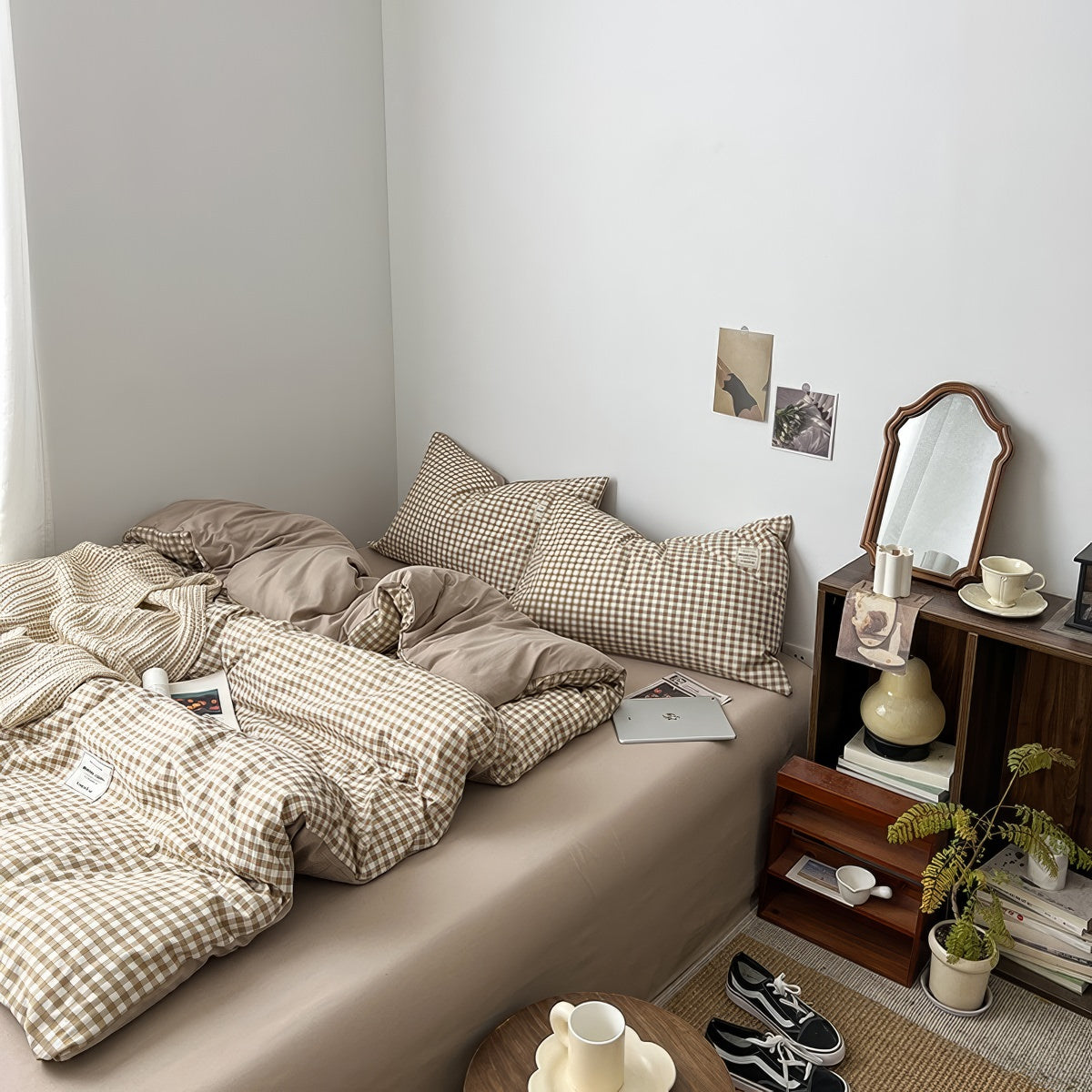 Hellbraunes Gingham-Bettwäscheset