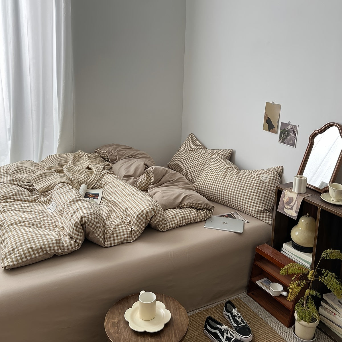 Hellbraunes Gingham-Bettwäscheset