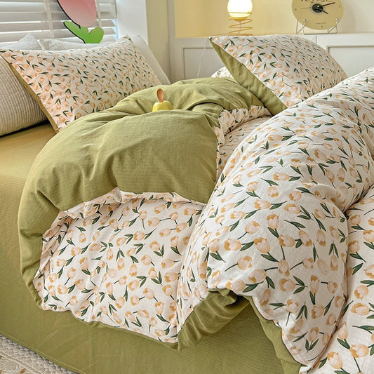 Beige Tulips Cottagecore Bedding Set bed sheet bedsheets coquette cottagecore sage green