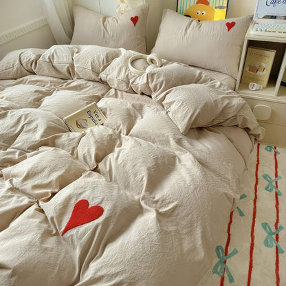 Beige Washed Cotton Bedding Set With Red Embroidered Heart