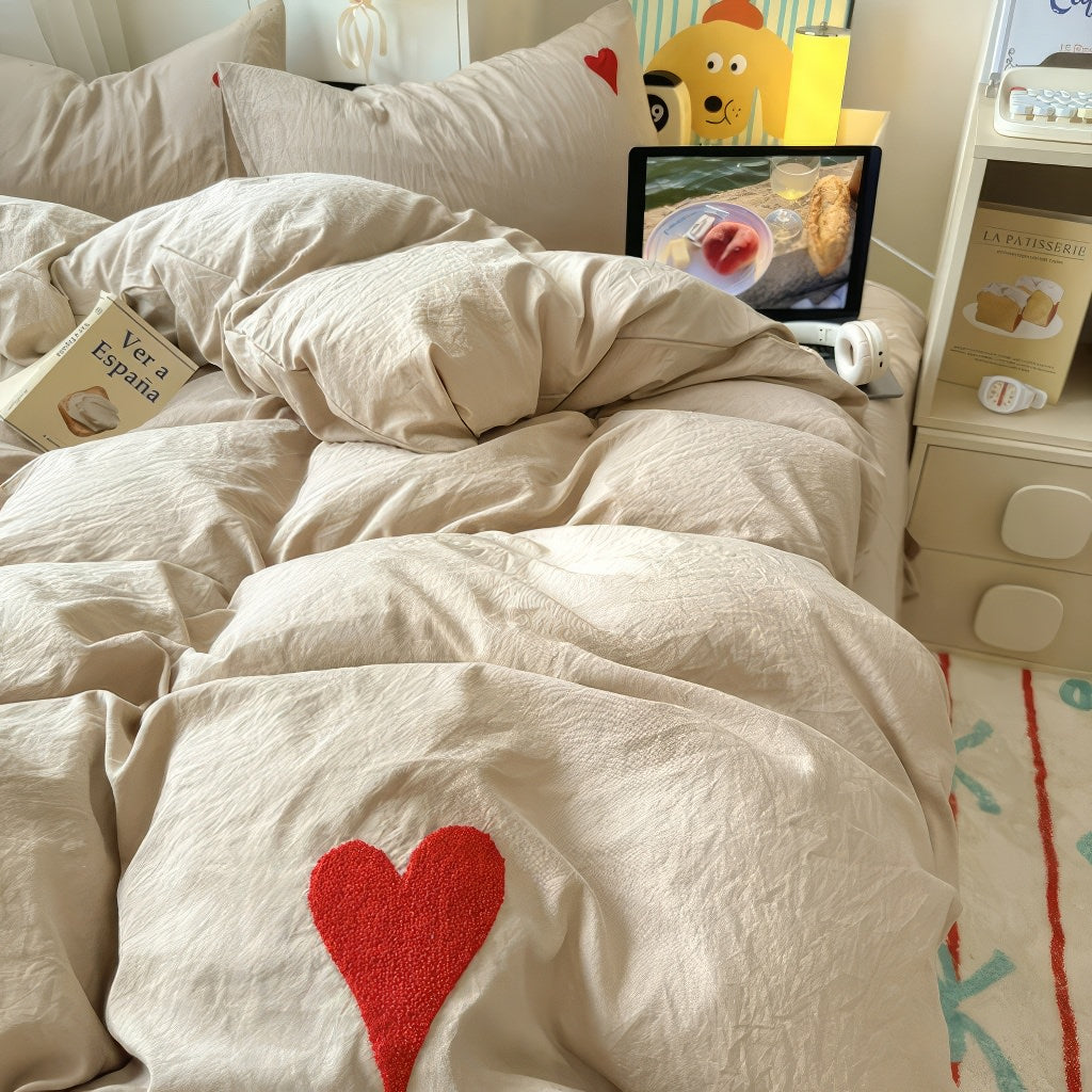 Beige Washed Cotton Bedding Set With Red Embroidered Heart