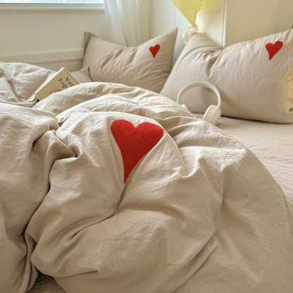 Beige Washed Cotton Bedding Set With Red Embroidered Heart