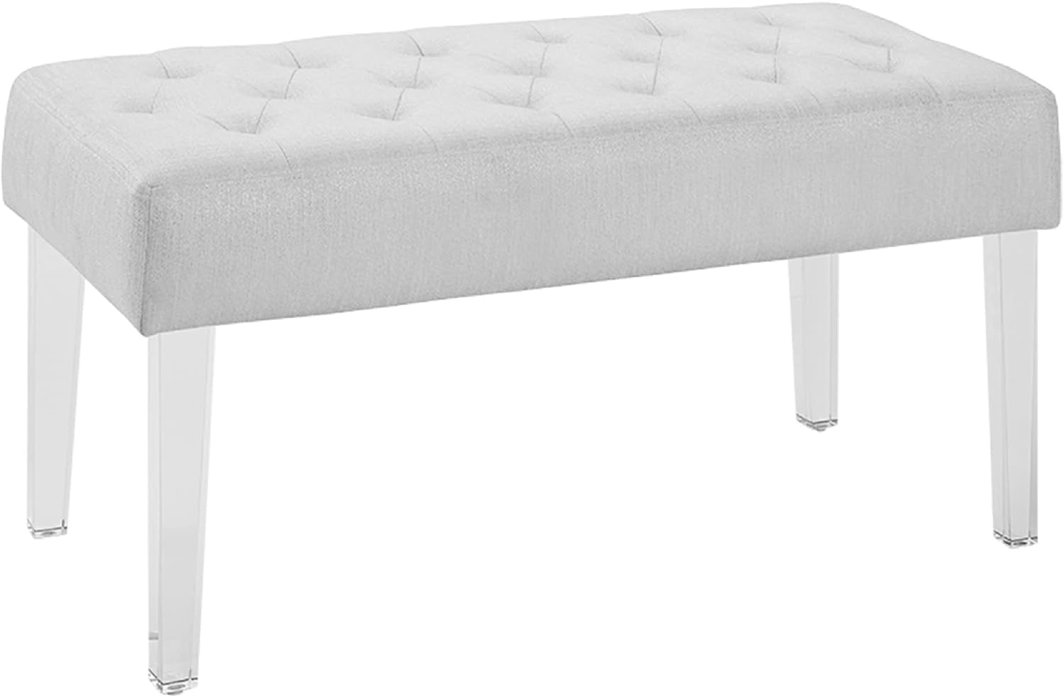 Benjara Tufted Fabric Upholstered Bench with Acrylic Legs, White and Clear Dining Room Furniture Furniture Home & Kitchen Table Benches